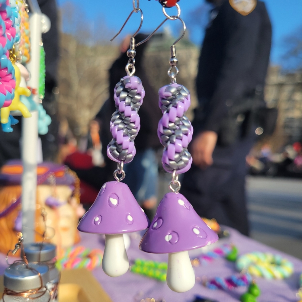 Purple and Silver Spiral Mushroom Lanyard / Scoobidou / Boondoggle Earrings